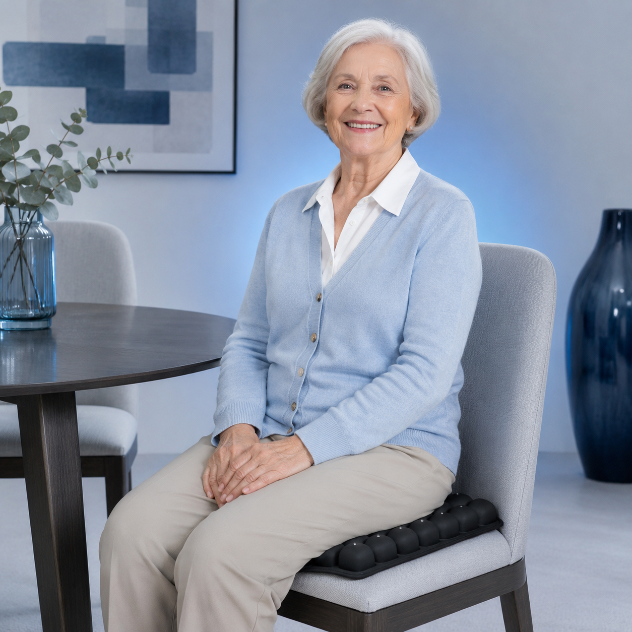 Older woman sitting comfortably on the AeroCell cushion