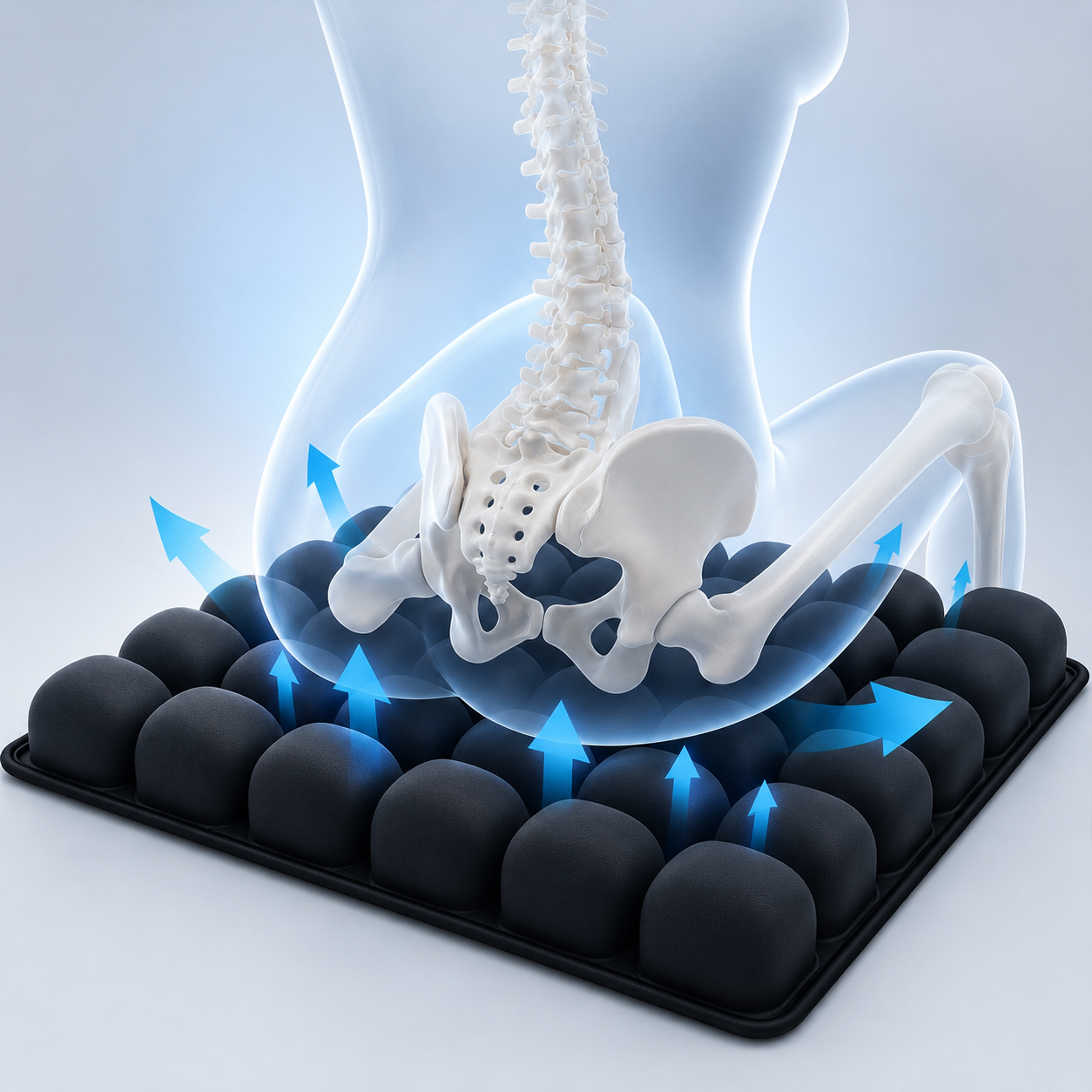 Pelvis and spine floating above the 36 air cells with blue airflow arrows