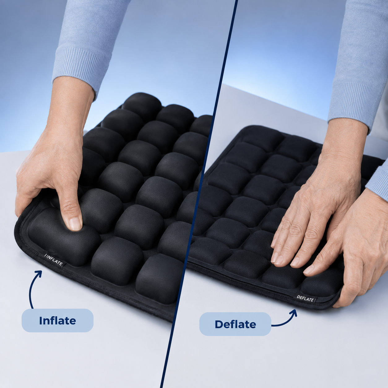Hands adjusting the cushion with labeled Inflate and Deflate valves