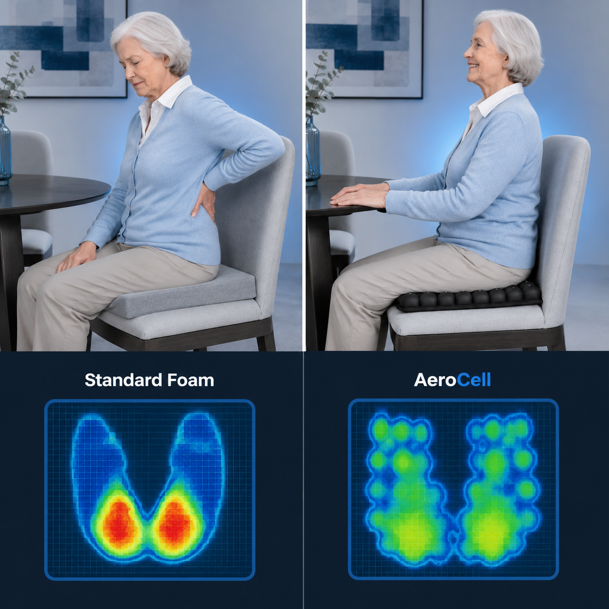 Pressure-map comparison of standard foam and AeroCell