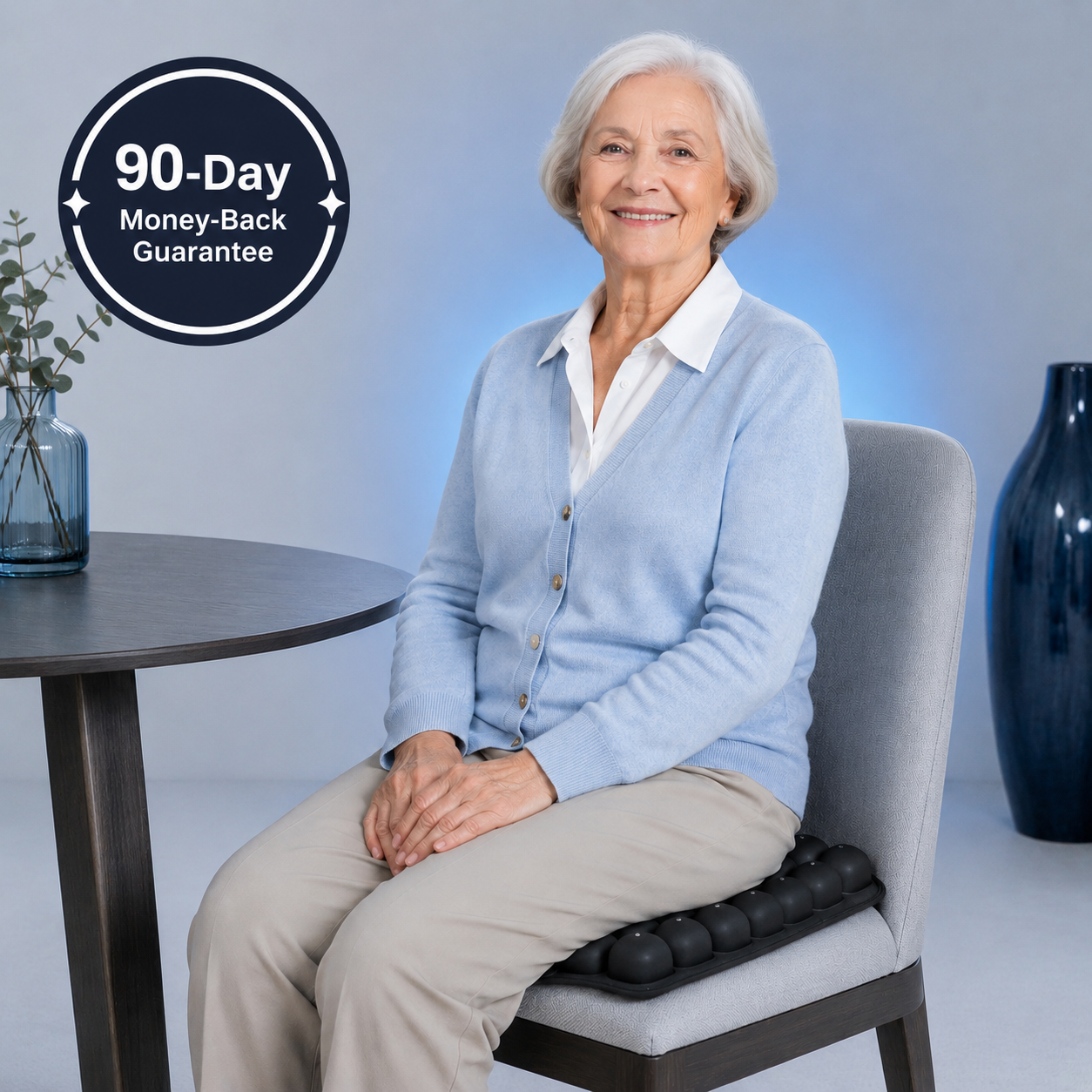 Woman sitting on the AeroCell cushion with a 90-Day Money-Back Guarantee seal