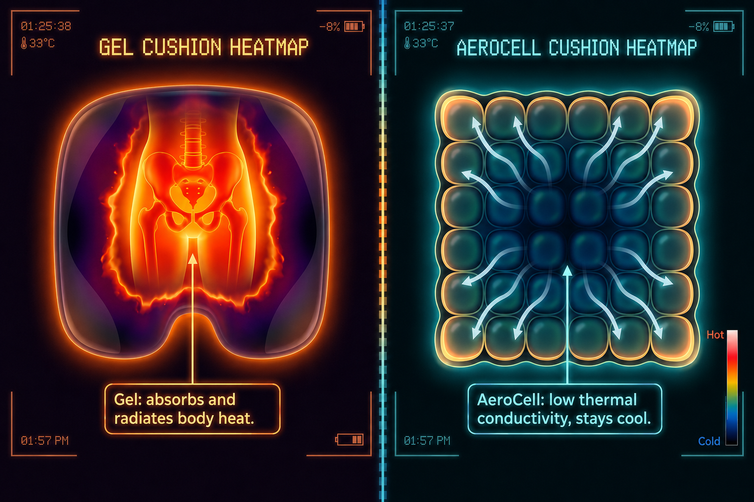 Gel and AeroCell cushion heatmap comparison